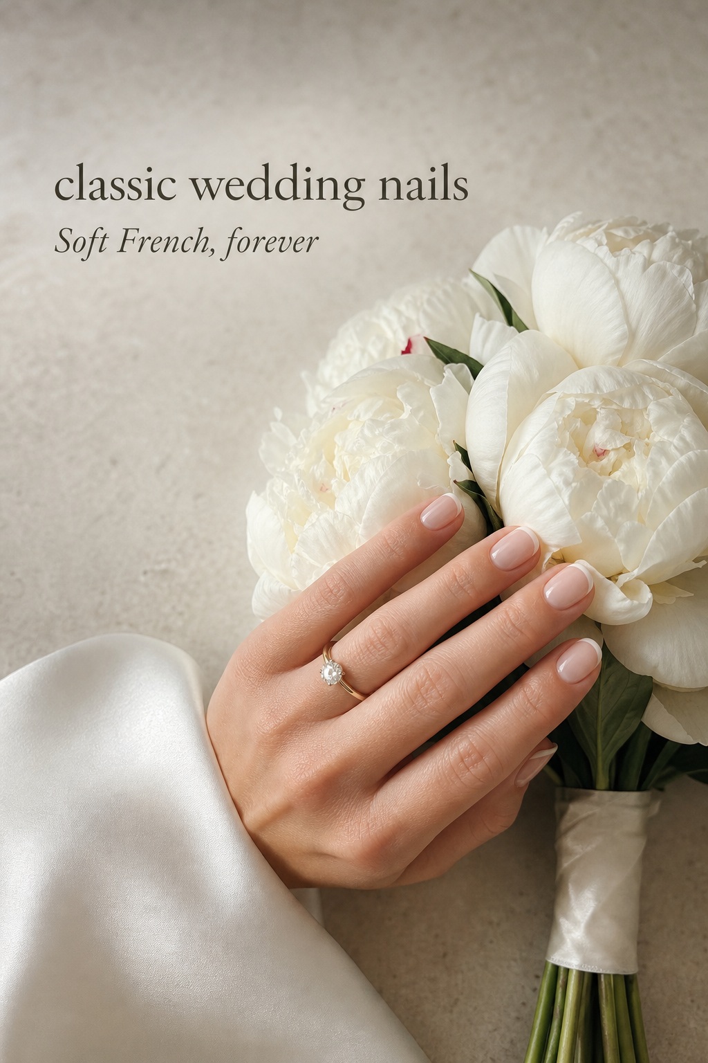 Classic wedding nails with soft French tips and an engagement ring