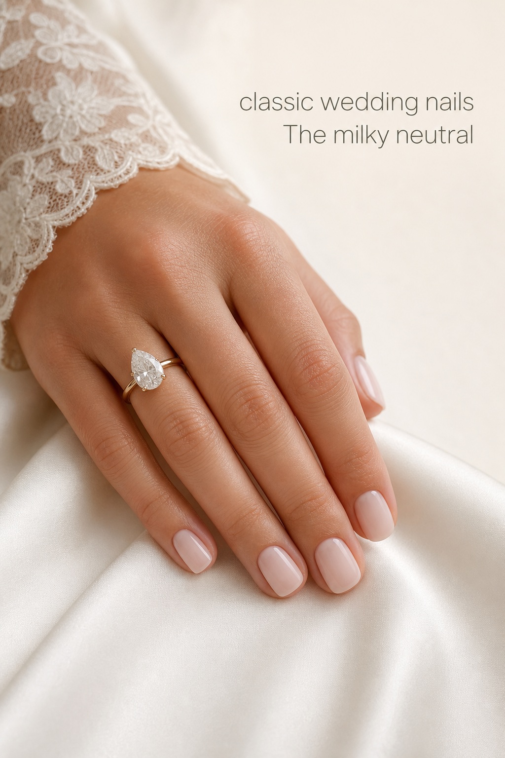 Classic wedding nails in a glossy milky neutral on short squoval nails
