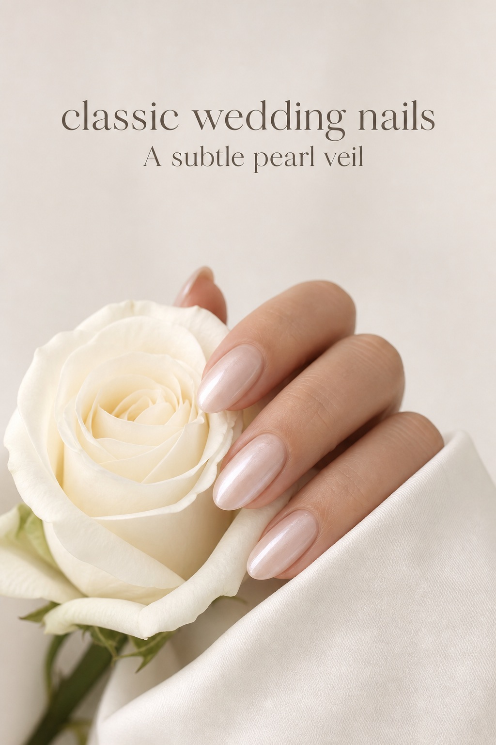 Classic wedding nails with a subtle pearl finish holding a cream rose