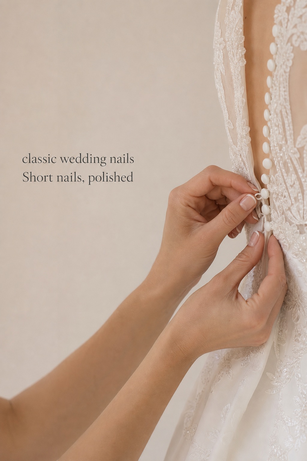 Classic wedding nails with micro French tips while fastening an ivory wedding dress