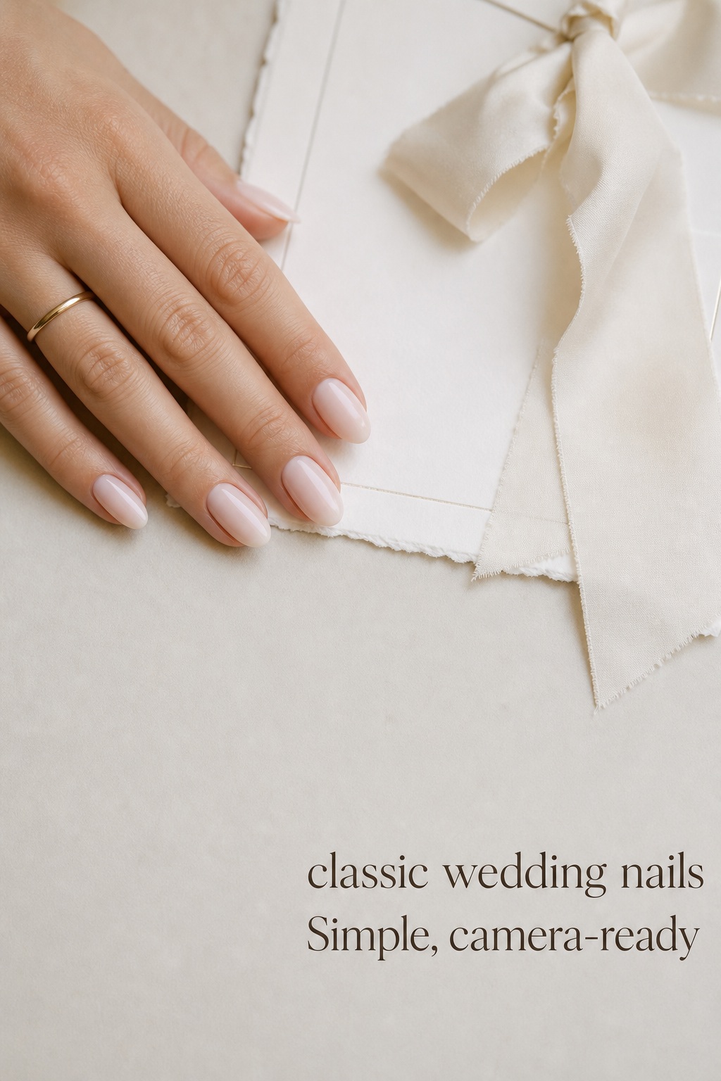 Classic wedding nails in glossy pale blush beside a wedding invitation