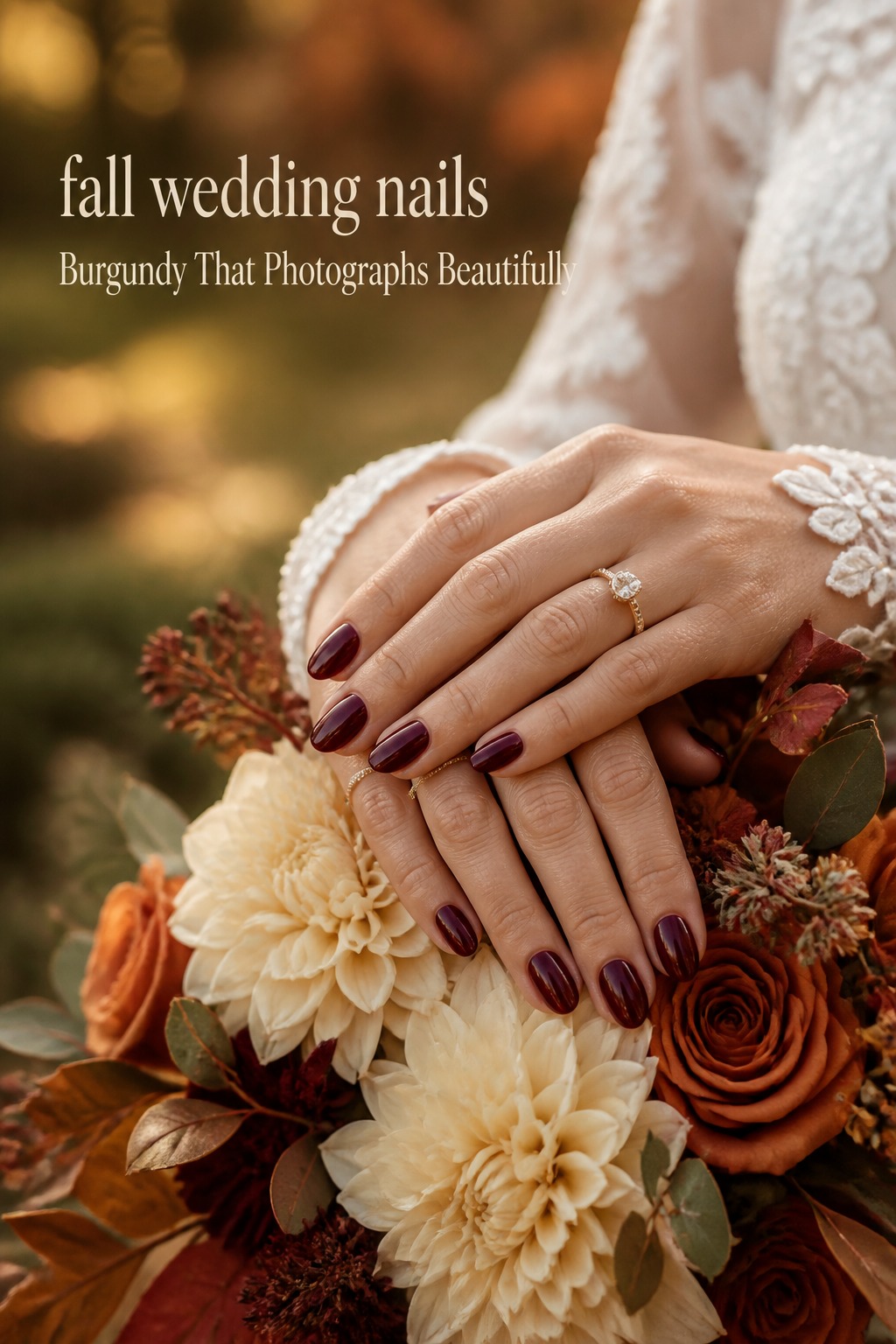 Fall wedding nails in glossy burgundy with autumn bouquet and gold engagement ring