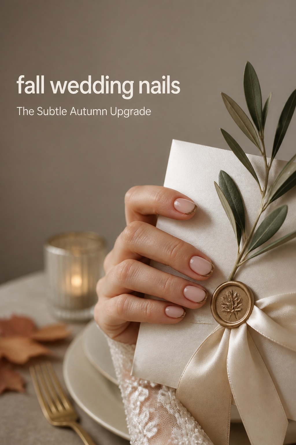 Fall wedding nails with warm nude base and bronze French tips beside an invitation