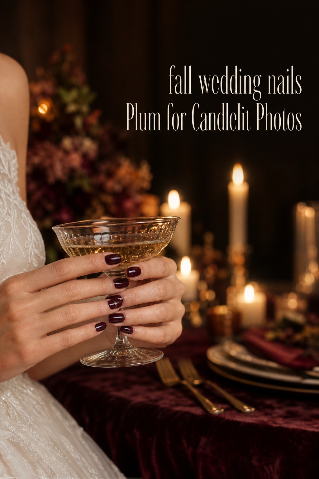 Fall wedding nails in deep plum velvet beside candlelit reception details
