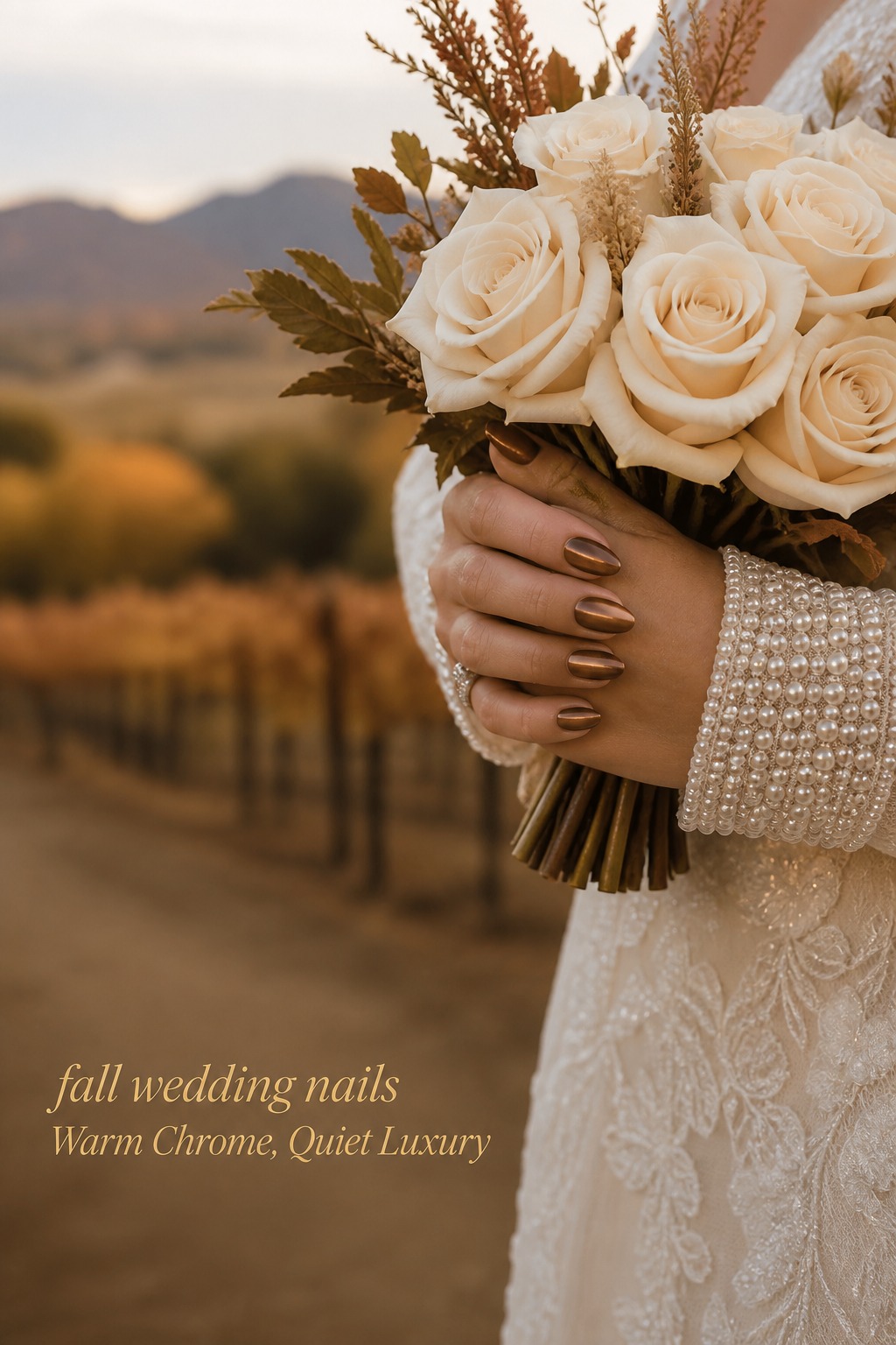 Fall wedding nails in caramel chrome with cream rose bouquet and pearl cuff