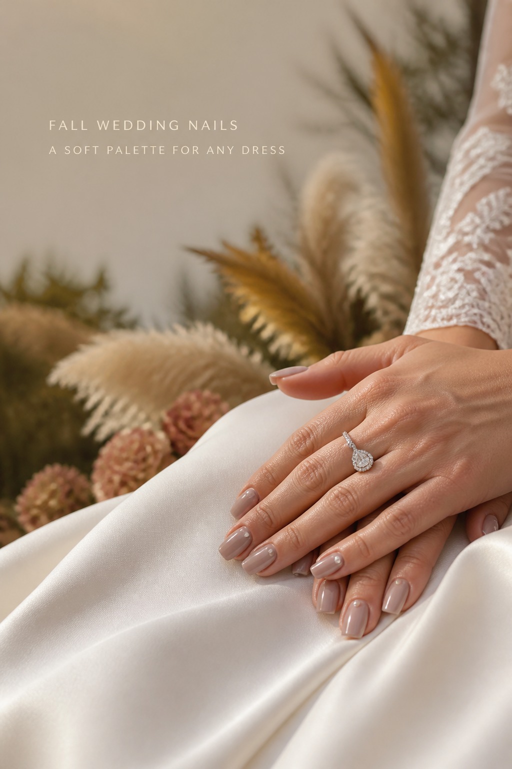 Fall wedding nails in soft taupe with pearl accents and pear-shaped engagement ring