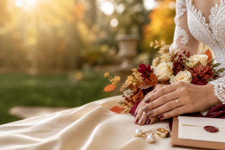 Fall wedding nails with burgundy, taupe, and caramel manicure palette beside an autumn bouquet