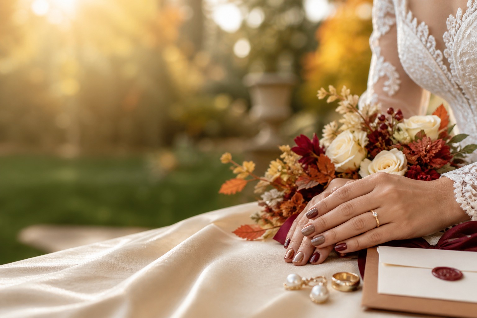 Fall wedding nails with burgundy, taupe, and caramel manicure palette beside an autumn bouquet