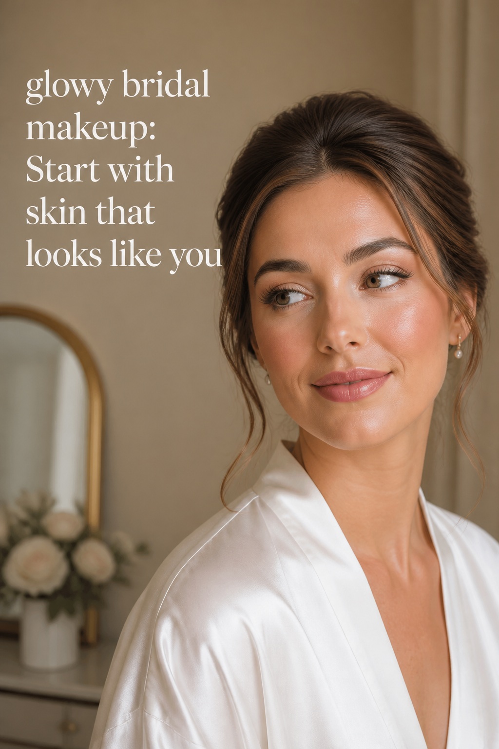 glowy bridal makeup with luminous skin and soft rose lips