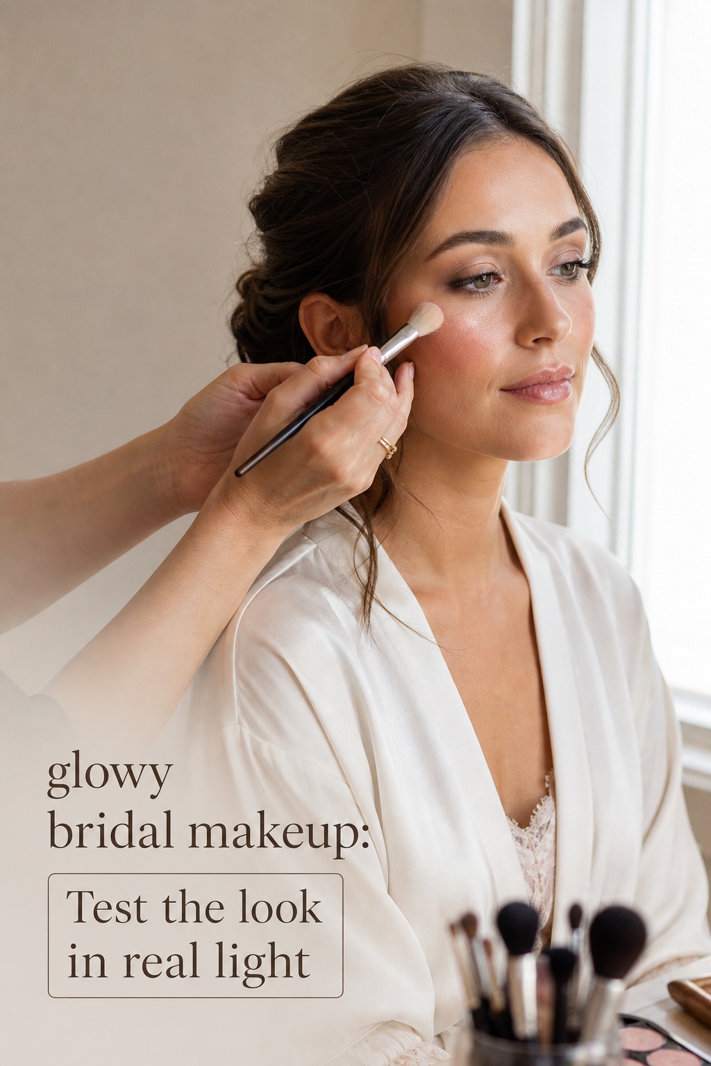 glowy bridal makeup trial with cream highlight in window light