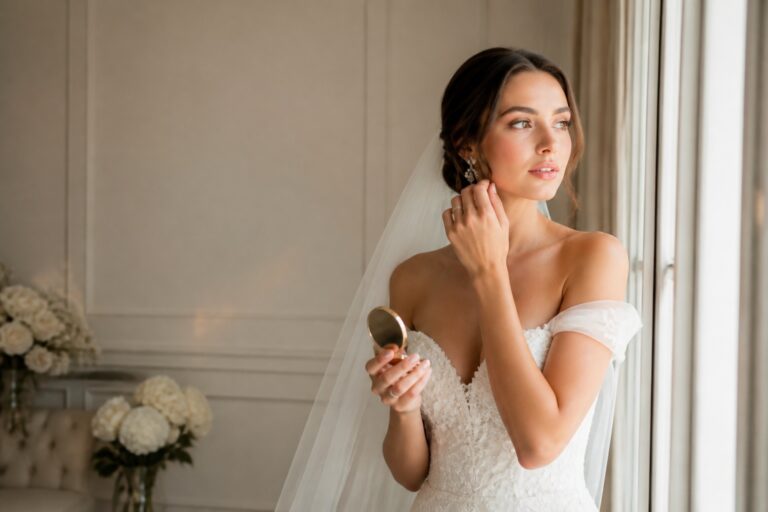 glowy bridal makeup in soft window light with luminous skin