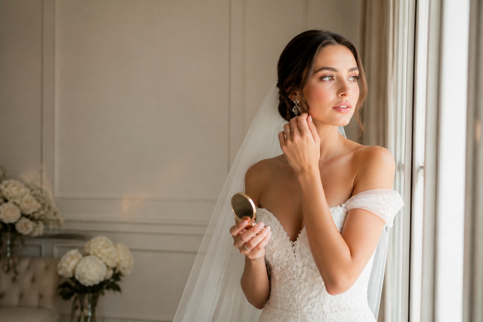 glowy bridal makeup in soft window light with luminous skin