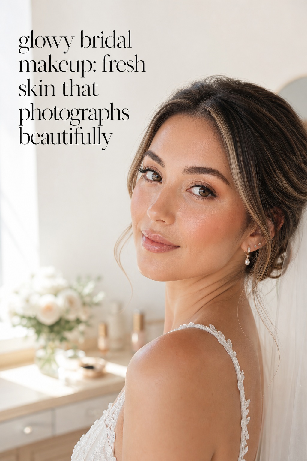 glowy bridal makeup on a bride with fresh skin, peach blush, champagne eyes, and a satin nude lip
