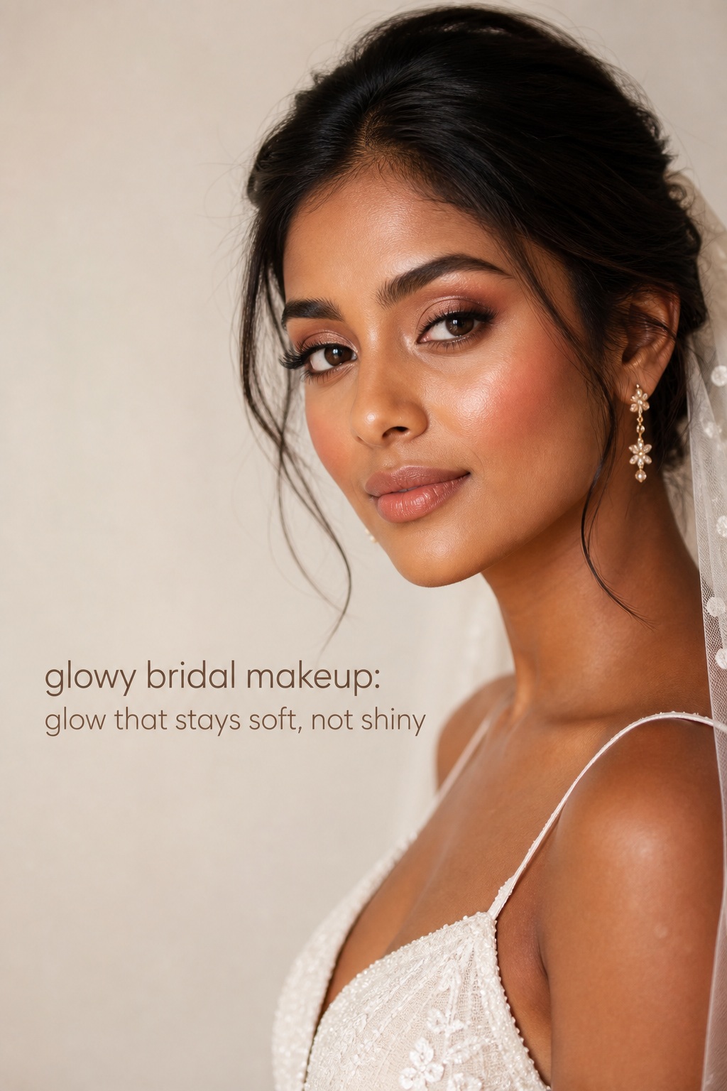 glowy bridal makeup on a bride with medium-deep skin, bronze eyes, rose blush, and a satin lip