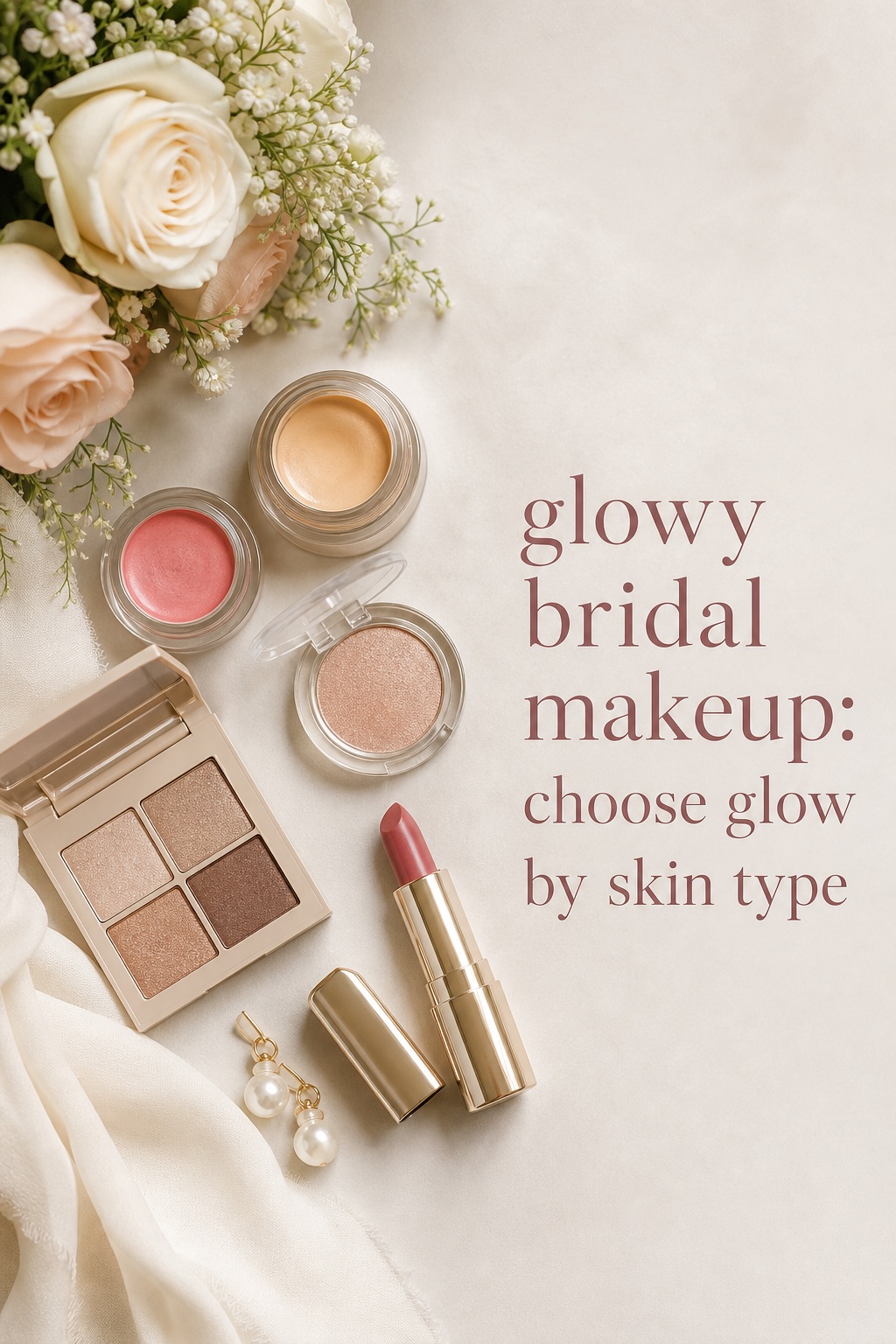 glowy bridal makeup trial palette with cream blush, champagne eyeshadow, lipstick, pearls, and flowers