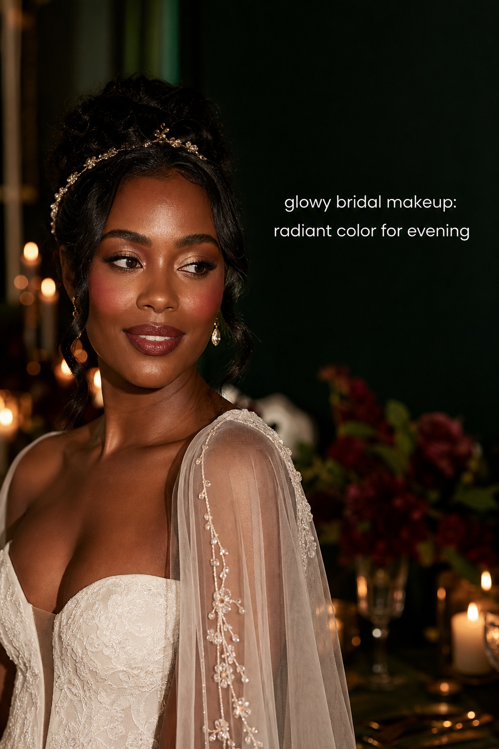 glowy bridal makeup on a deep-skinned bride with bronze eyes, berry blush, and satin berry-nude lips