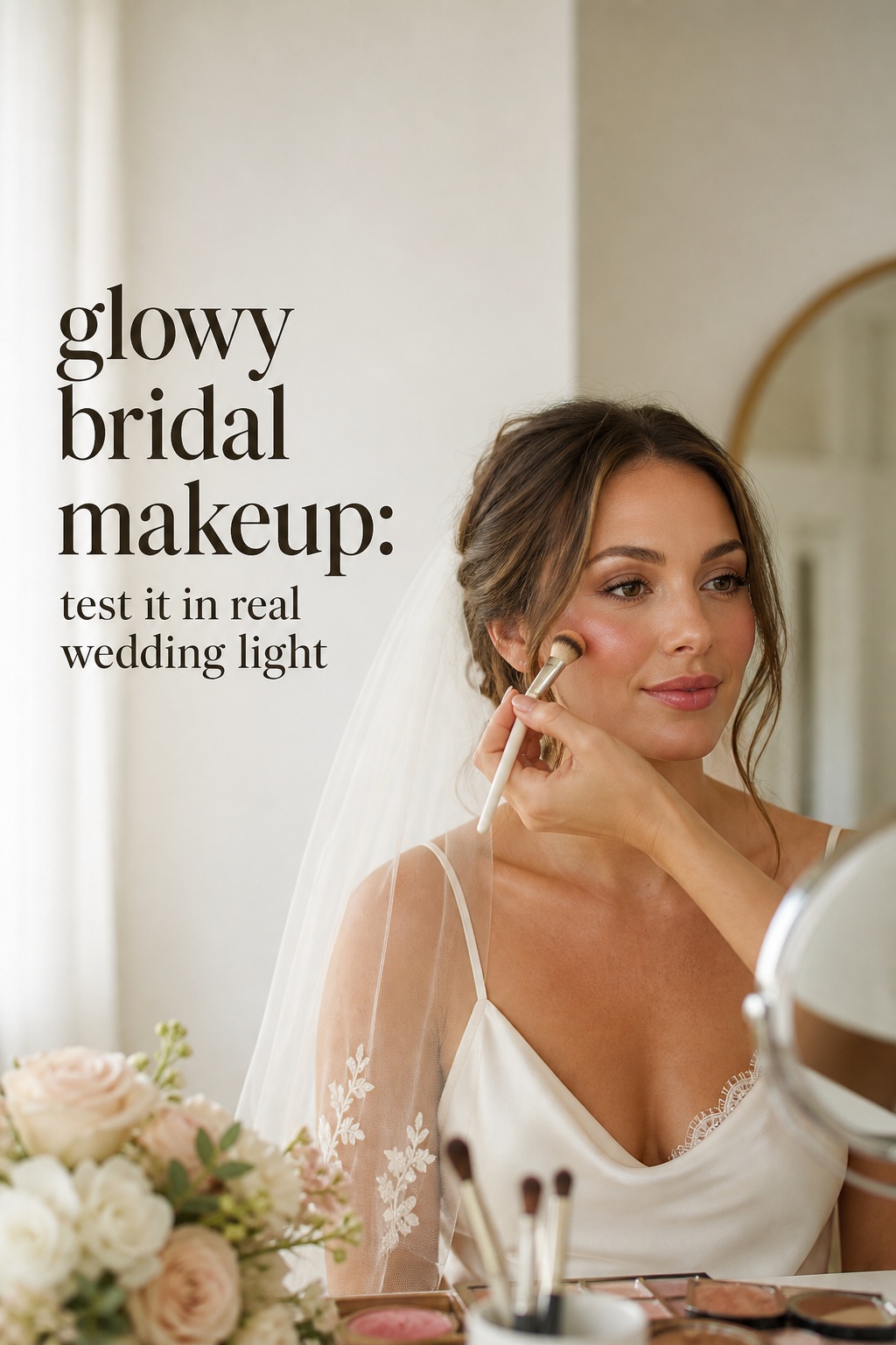 glowy bridal makeup trial with a bride, makeup brush, ivory veil, flowers, and soft luminous skin