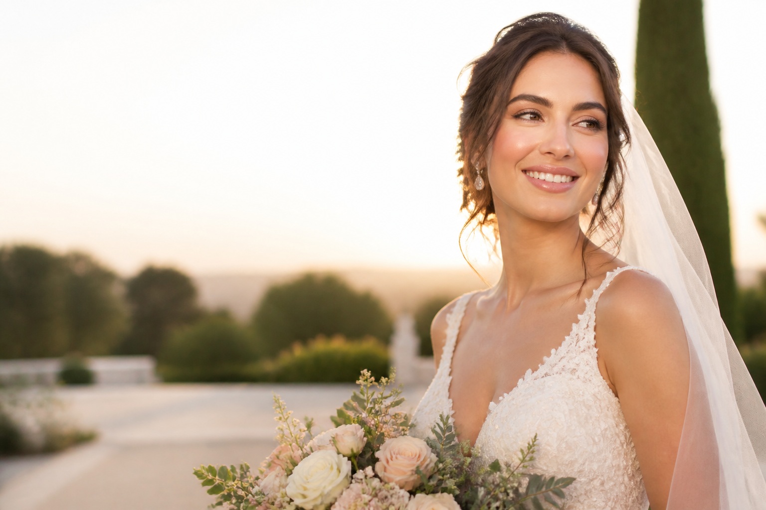glowy bridal makeup on a smiling bride in an ivory gown at golden hour