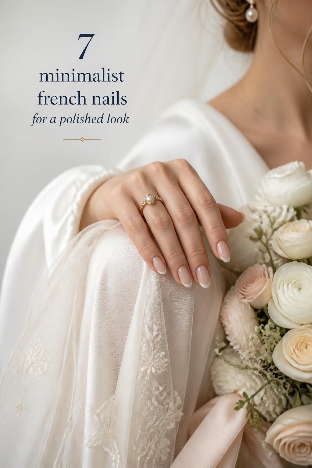 Minimalist french nails on bride’s hand resting on ivory silk with garden roses, glossy nude base and thin white tips