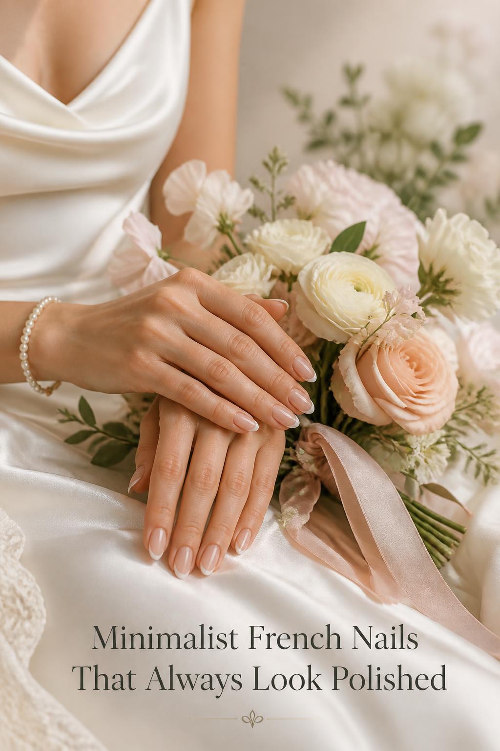 Minimalist french nails on a bride’s hands resting on ivory satin beside a soft bridal bouquet, glossy thin tips