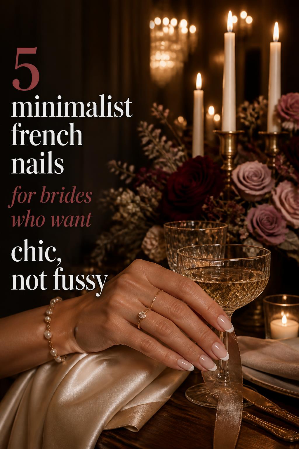 Minimalist french nails on bride’s hand at candlelit wedding reception with champagne satin, crystal coupe, and warm florals