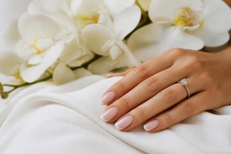 Minimalist french nails with sheer pink base and ultra-thin white tips on soft almond nails, bridal close-up