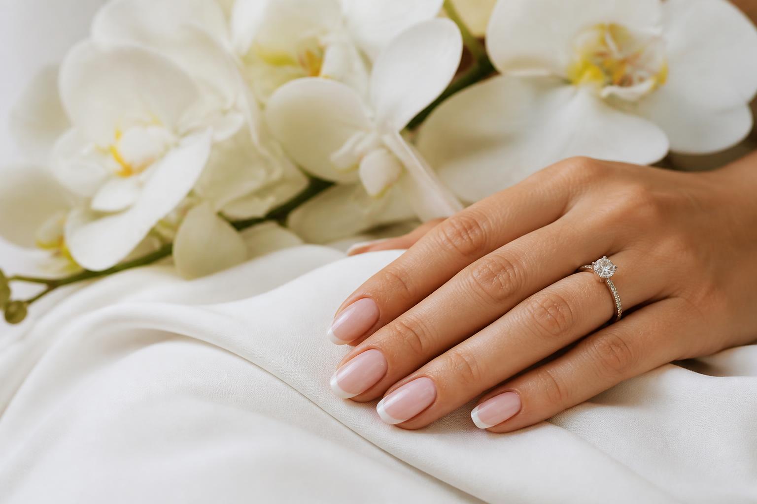 Minimalist french nails with sheer pink base and ultra-thin white tips on soft almond nails, bridal close-up