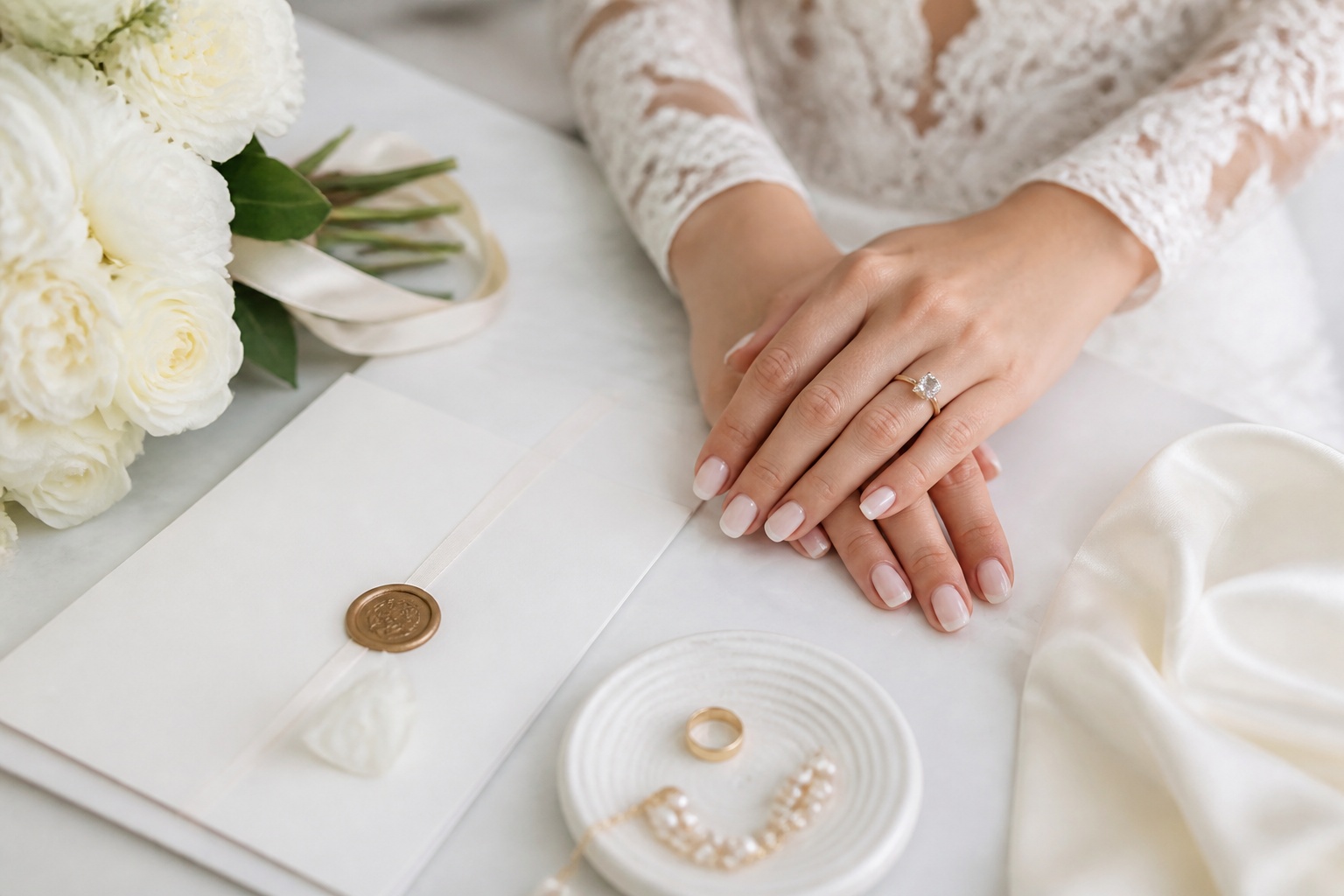 nails for wedding pearl white and blush bridal manicure beside flowers