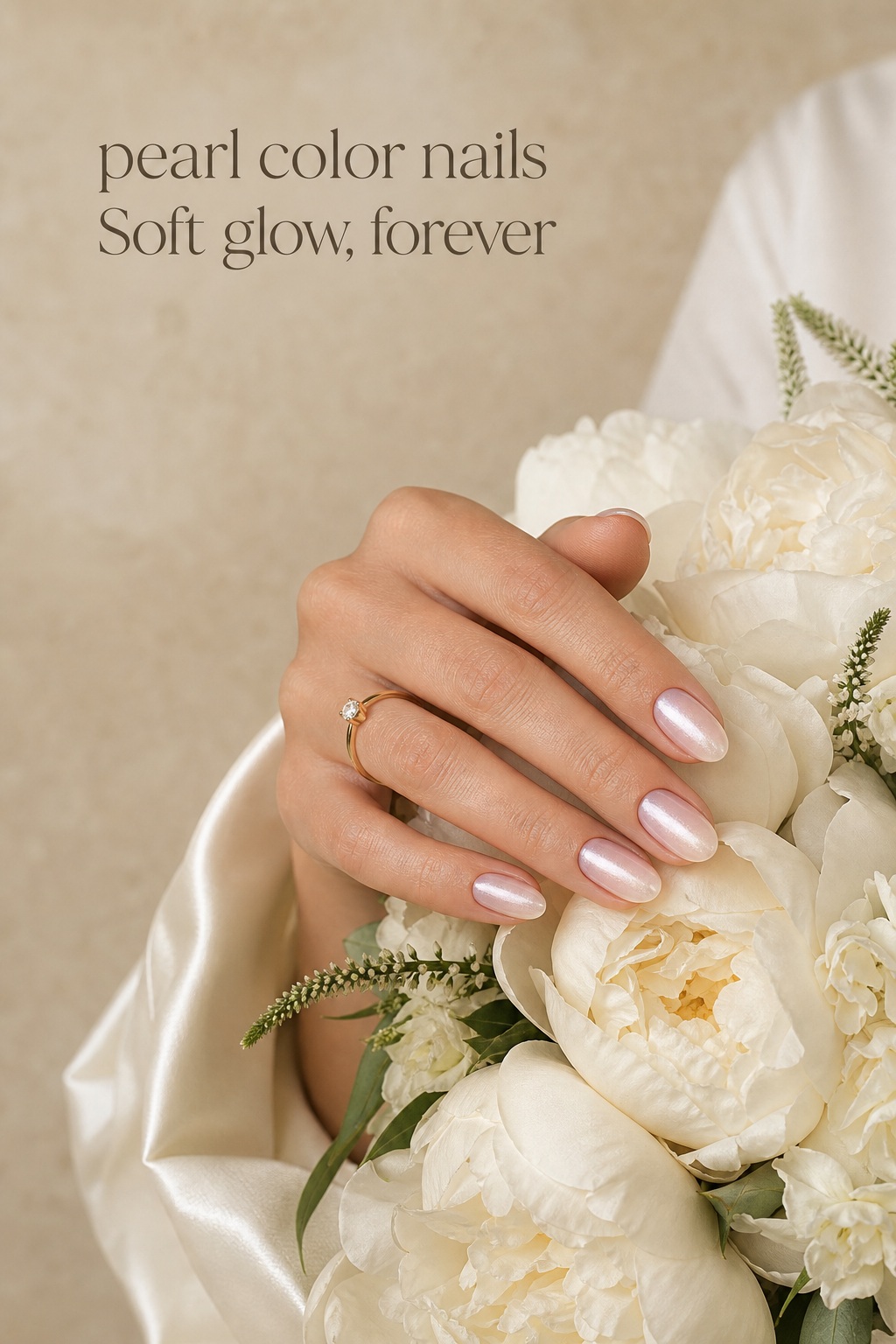 Pearl color nails with ivory sheen, gold ring, and cream peonies
