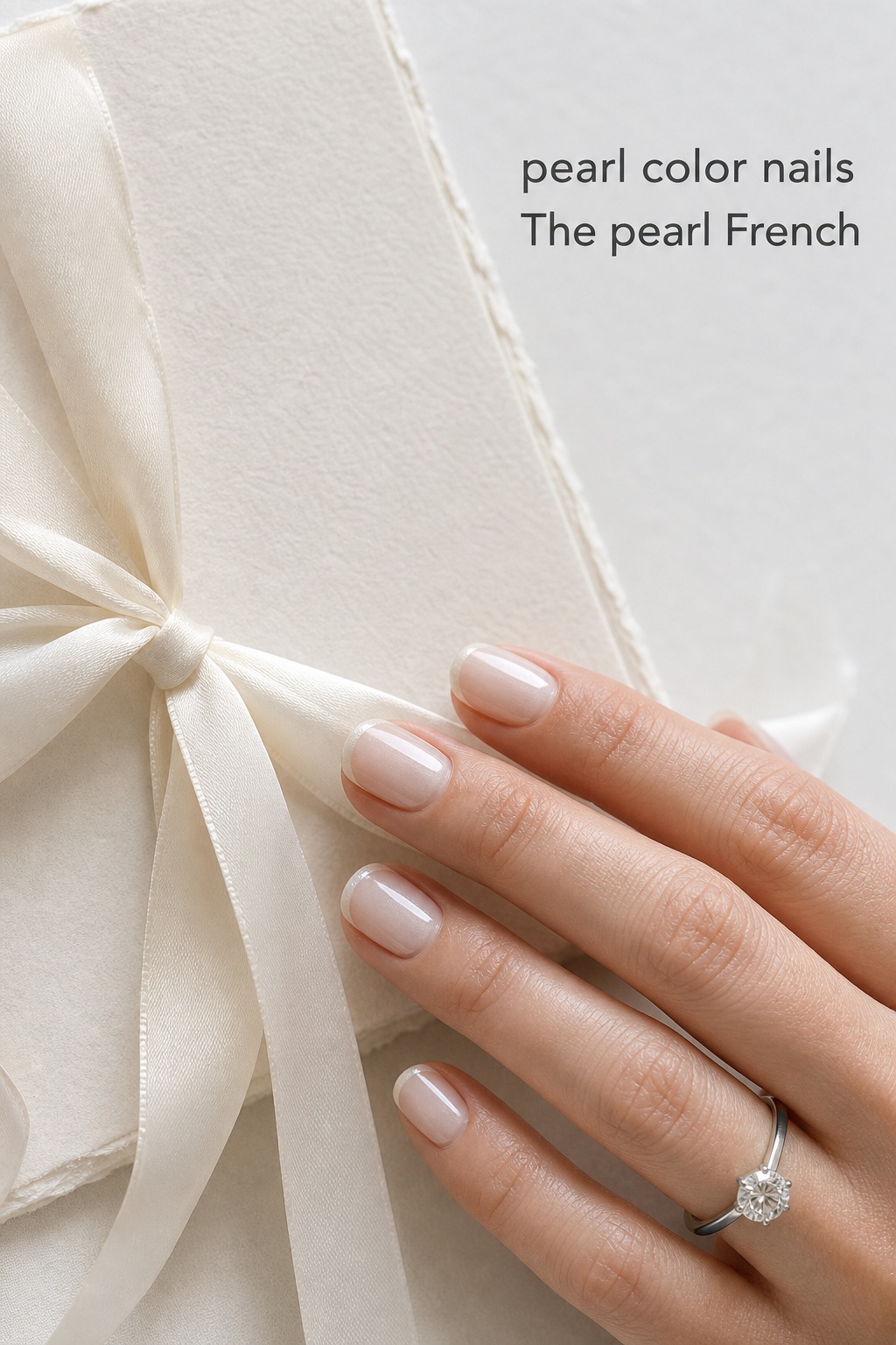 Pearl color nails with a soft pearly French tip and platinum ring