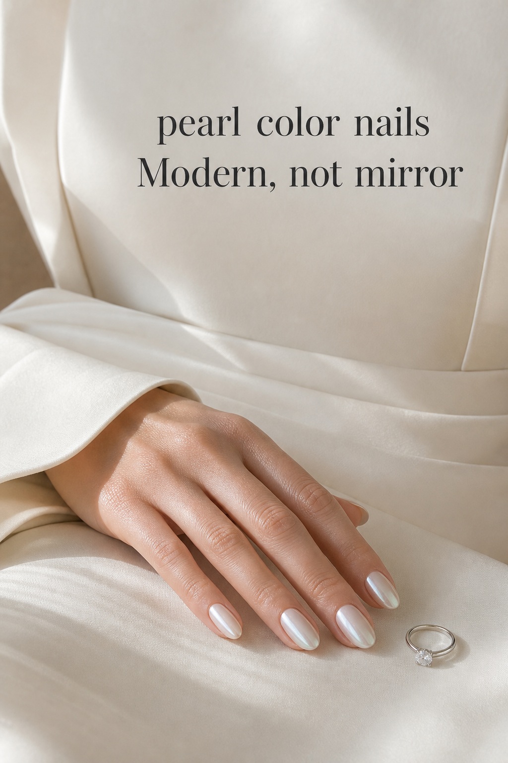 Pearl color nails in a soft chrome finish with ivory mikado fabric