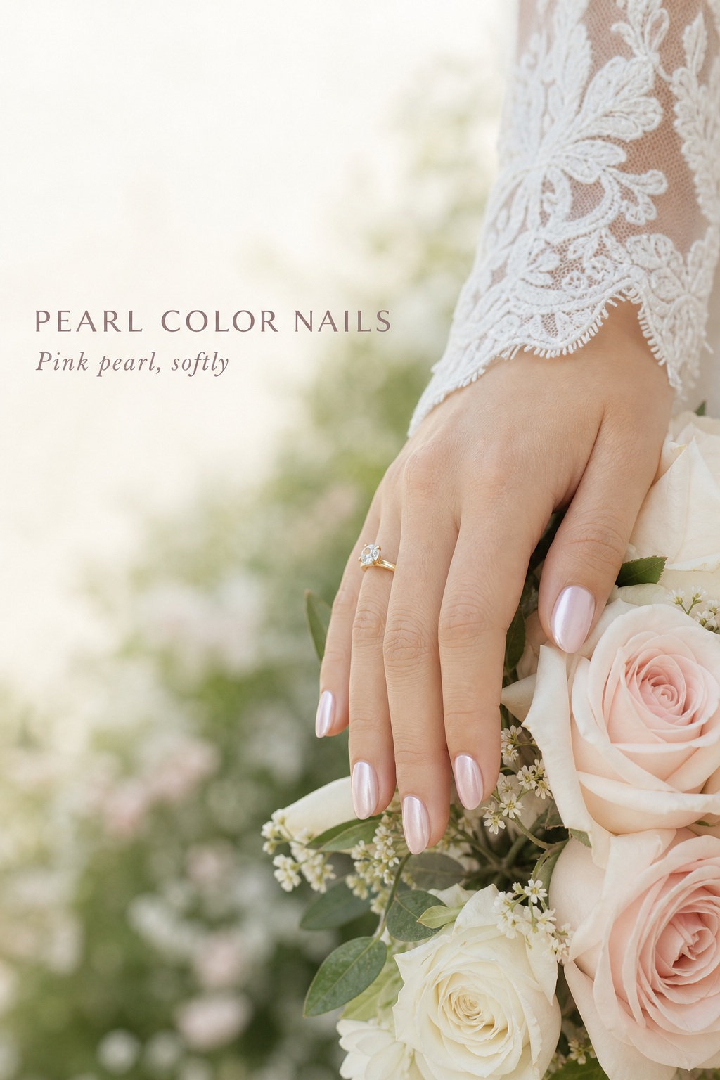 Pink pearl color nails with blush roses and a lace bridal cuff