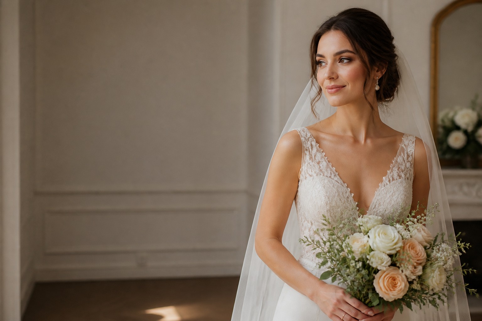 simple bridal makeup bride in an ivory dress and veil