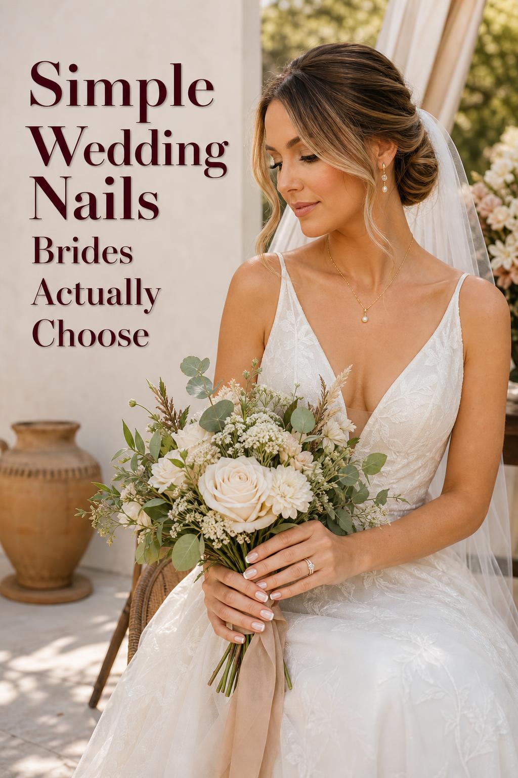 Simple wedding nails on a boho bride holding an ivory and sage bouquet, showing glossy nude manicure with rings