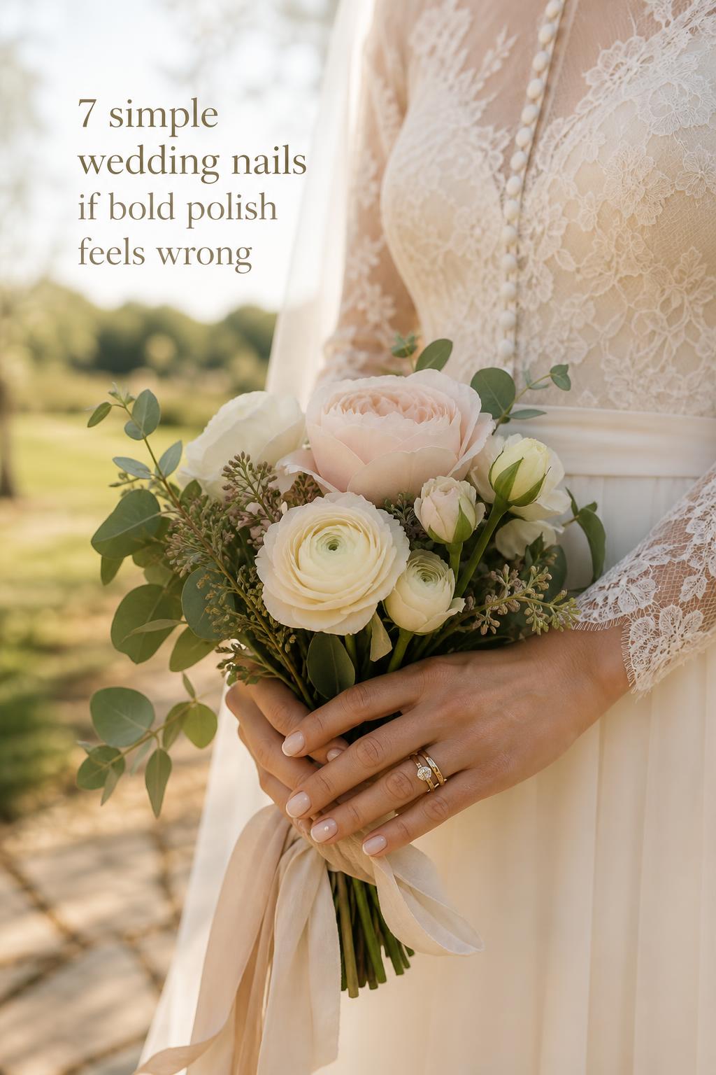 Simple wedding nails in pale nude and French tip on bride holding rose bouquet at rustic countryside wedding