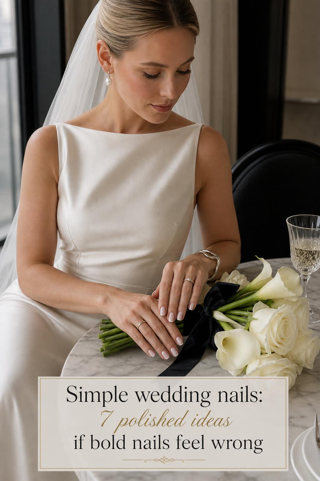 Bride in ivory satin gown showing simple wedding nails with glossy milky white micro French tips on a marble table