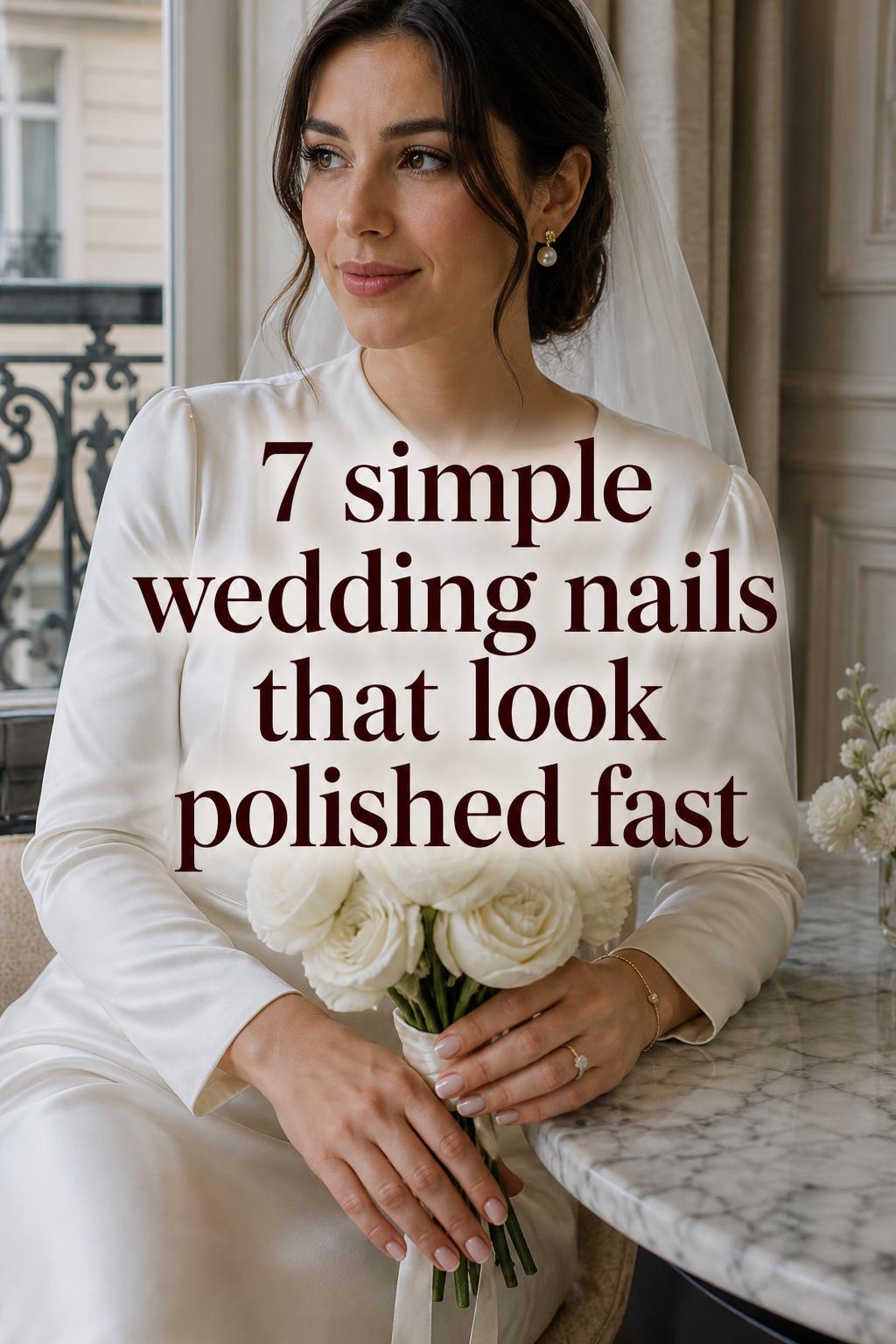 Simple wedding nails on a Parisian chic bride holding a white rose bouquet, glossy nude manicure with ring in soft daylight