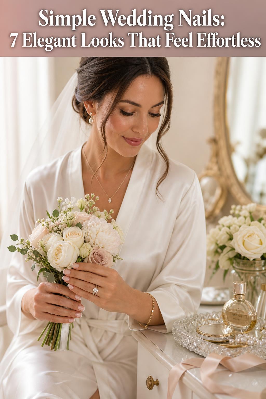 Simple wedding nails with sheer nude polish and delicate white tips, photographed in soft natural light