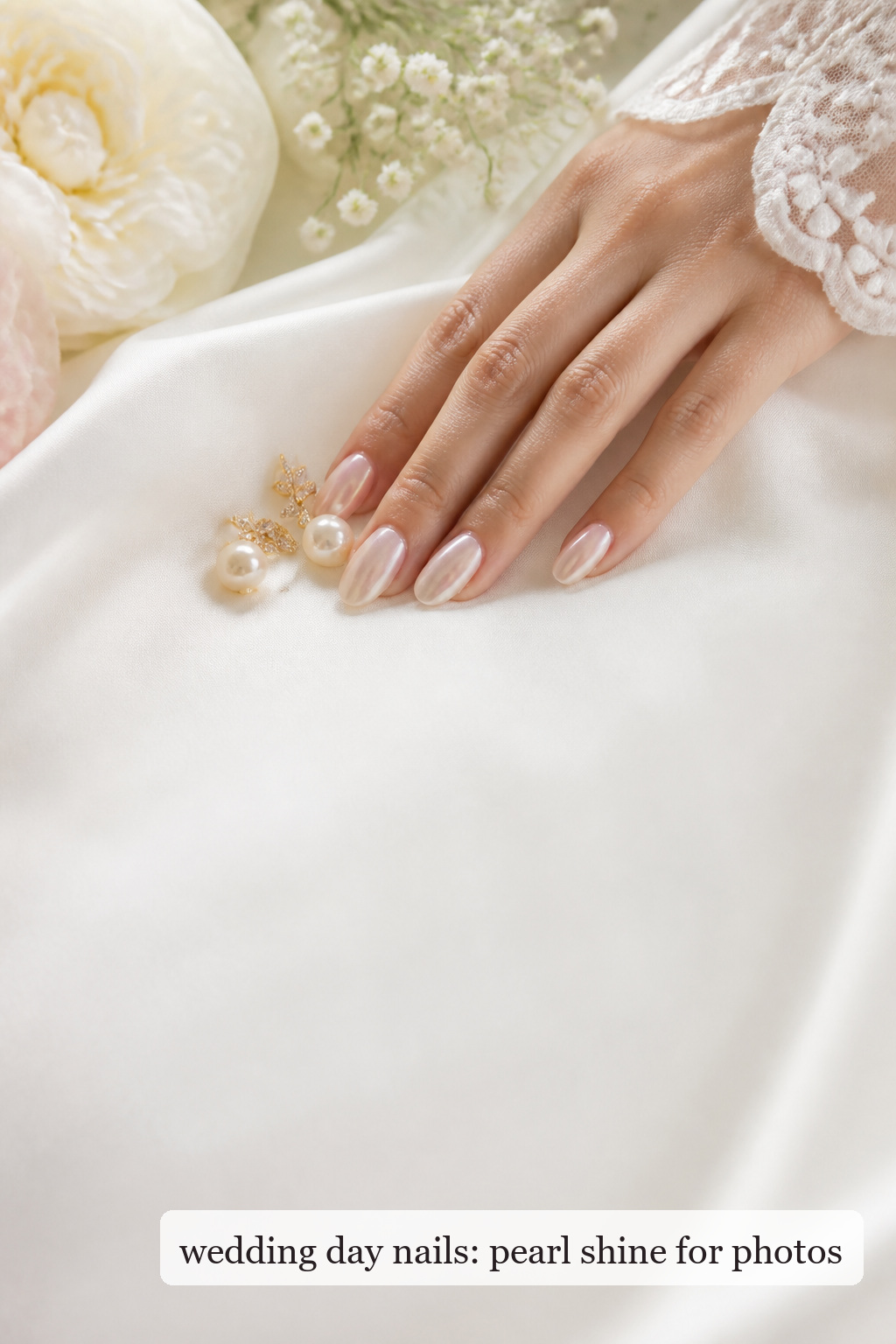 Wedding day nails with subtle pearl chrome shine on almond nails