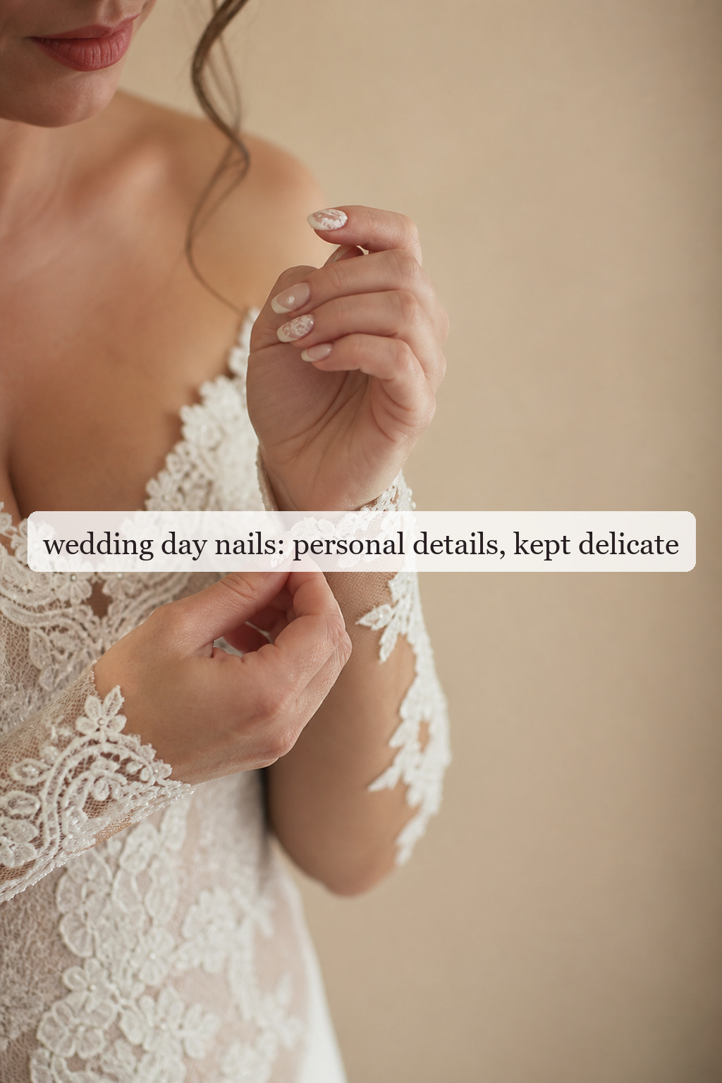 Wedding day nails with delicate white lace-inspired nail art