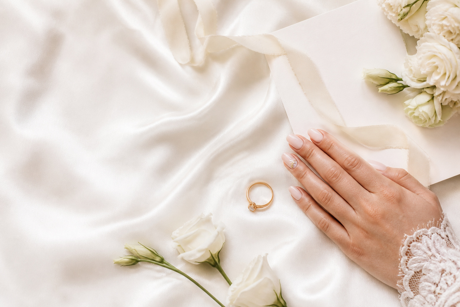 Wedding day nails bridal manicure styled with ring, ribbon, and white flowers