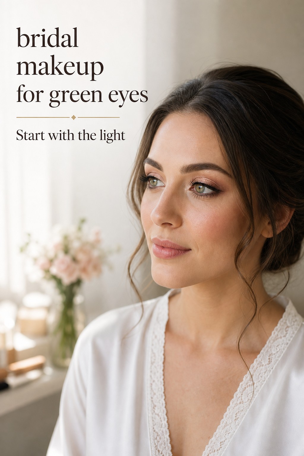 bridal makeup for green eyes on a bride in soft rose gold trial makeup