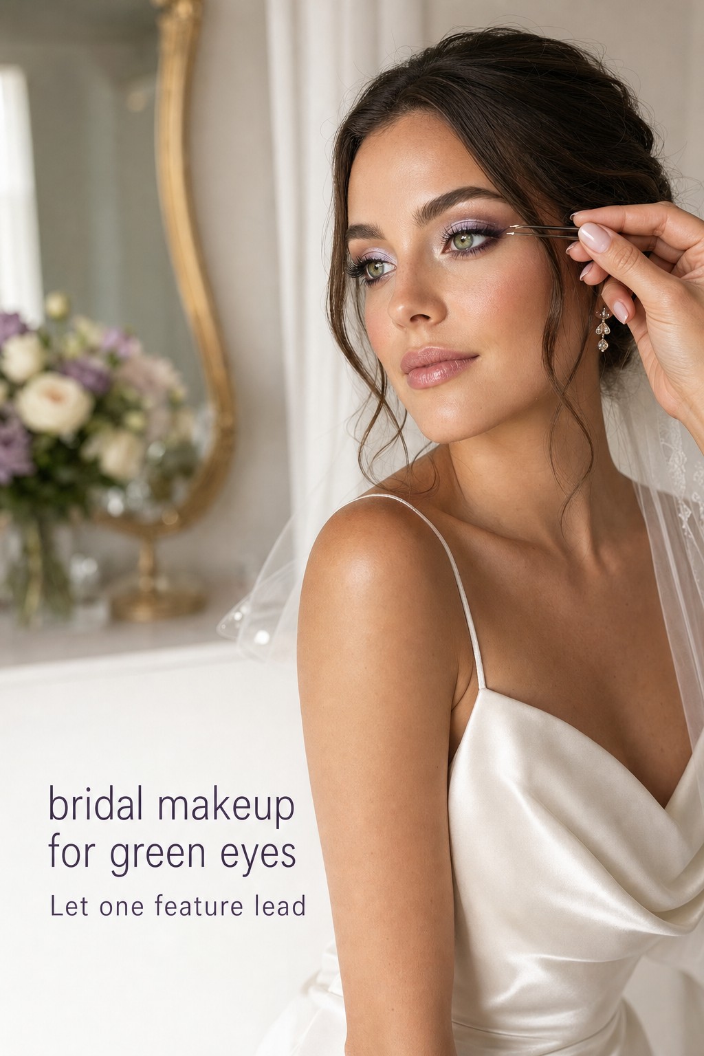 bridal makeup for green eyes with lavender champagne and plum definition