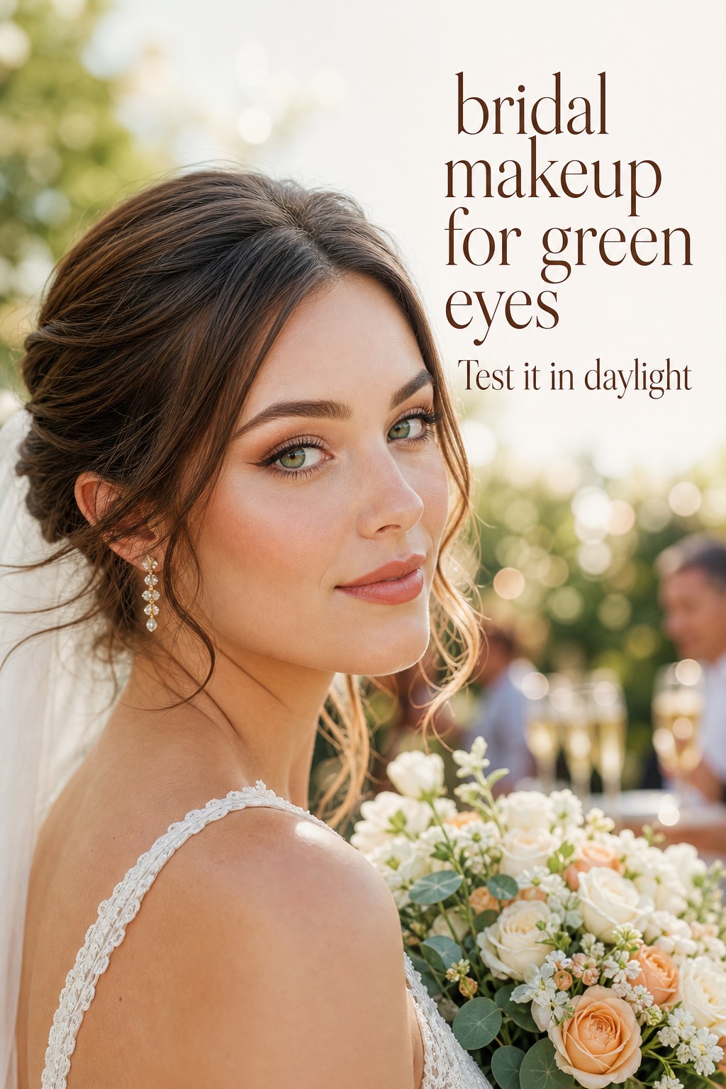 bridal makeup for green eyes in bright outdoor garden wedding light