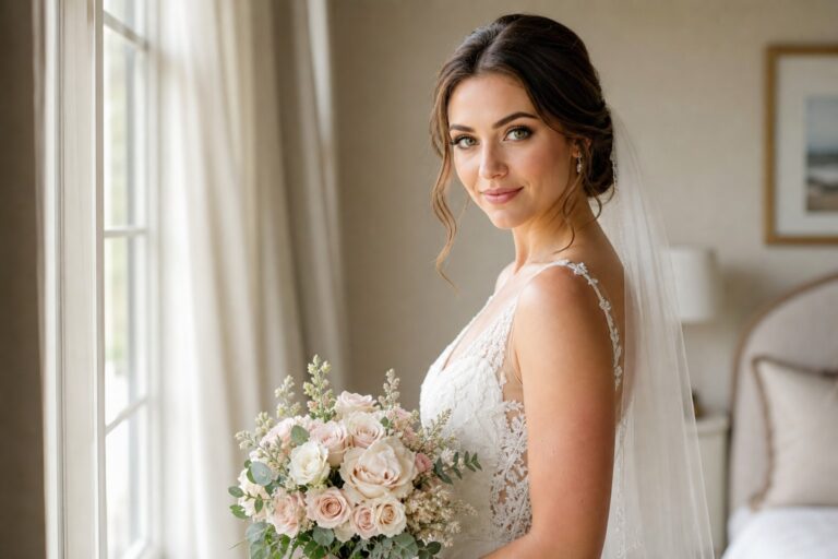 Bridal makeup for green eyes in a luminous ivory bridal portrait