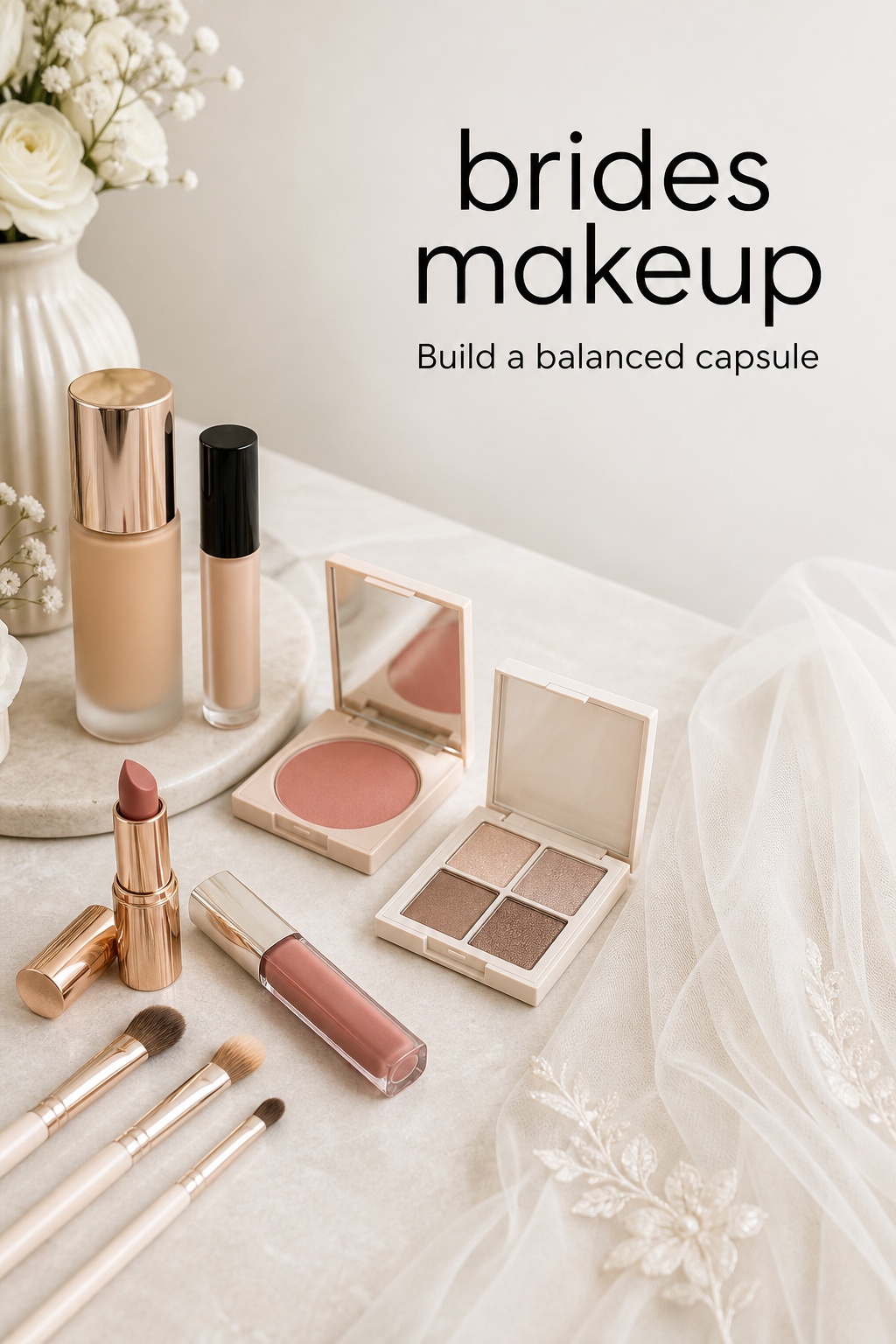 brides makeup capsule with foundation, blush, eyeshadow and ivory veil