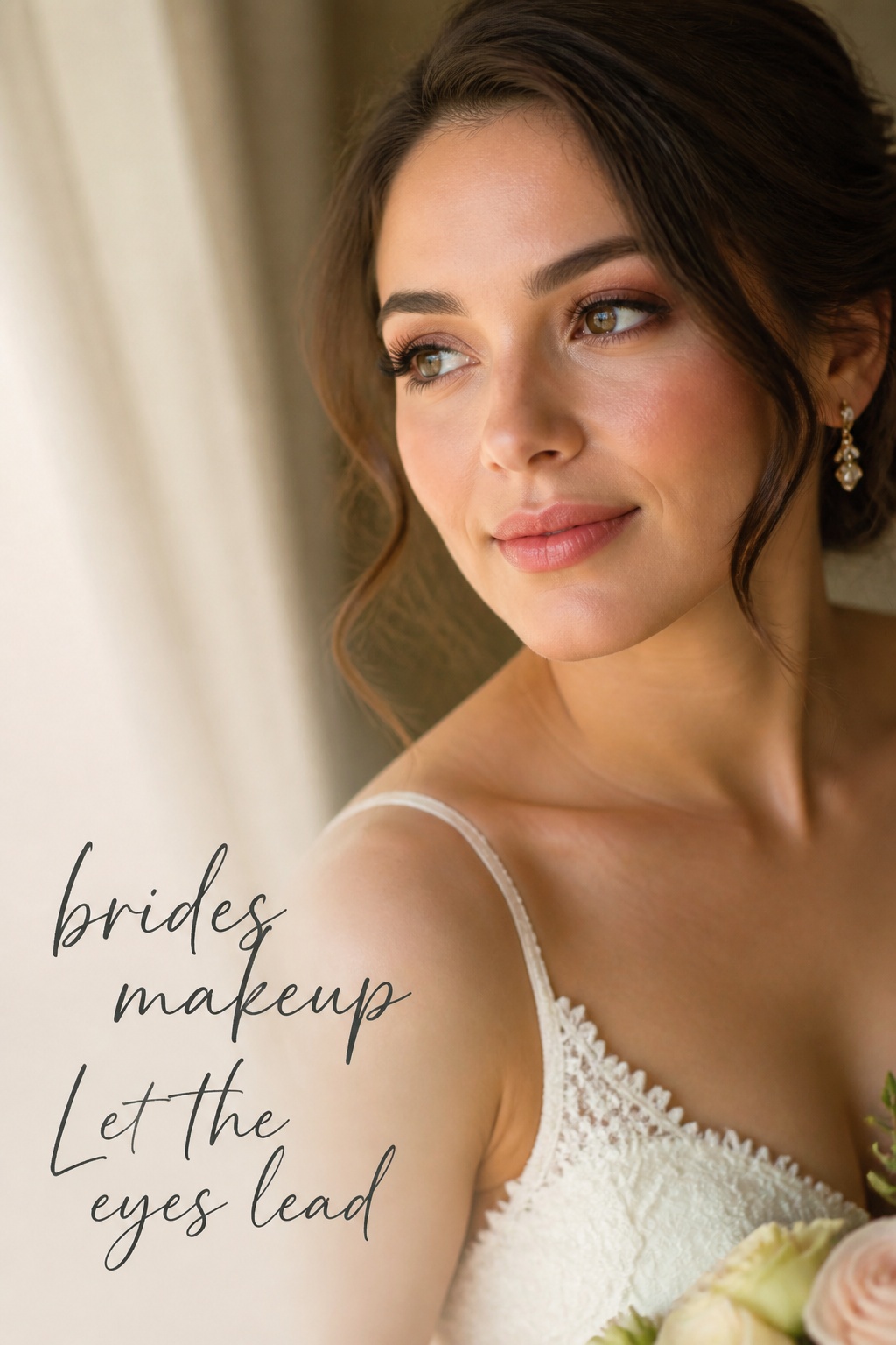 brides makeup with softly defined eyes, wispy lashes and rosy cheeks