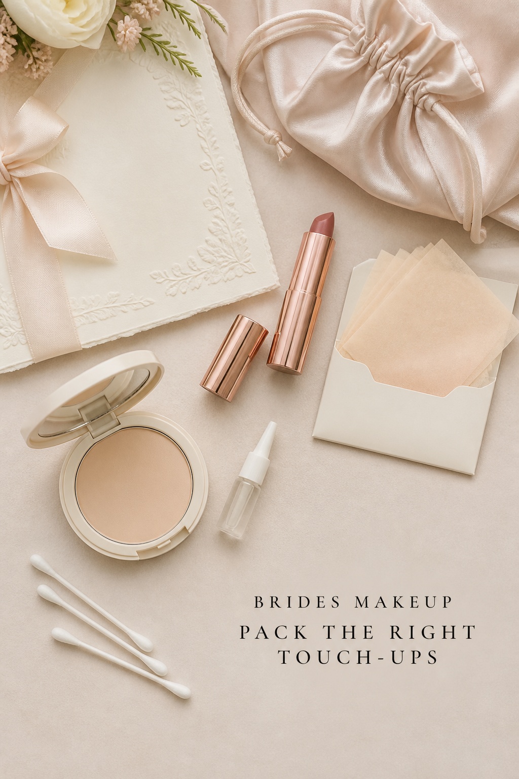 brides makeup touch-up kit with rosy nude lip, powder and blotting papers