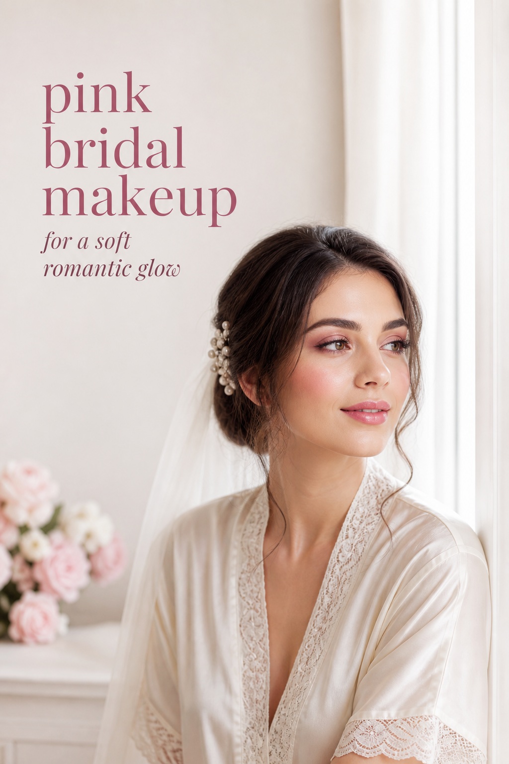pink bridal makeup on a bride with soft rosy eyes and a rose lip
