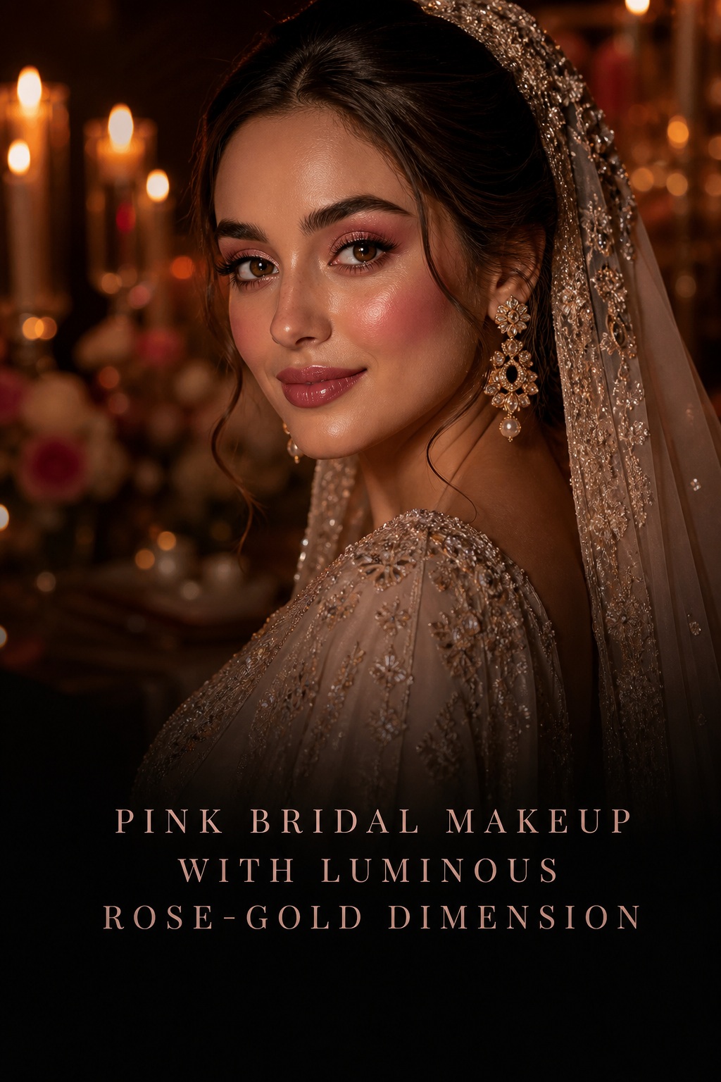 pink bridal makeup with luminous rose gold eyes and berry pink blush